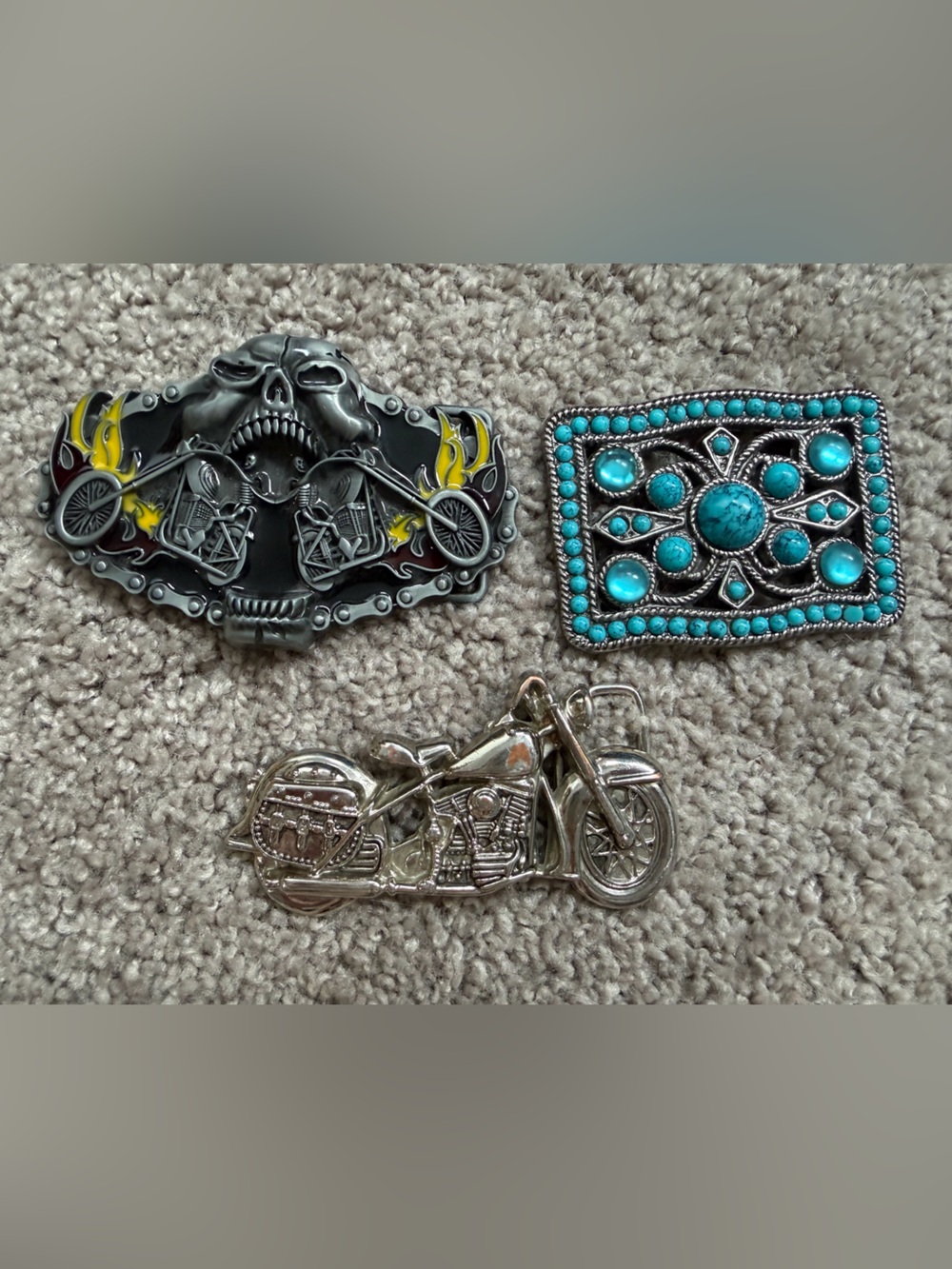 3/$25 Y2K Set of 3 belt buckles vintage turquoise biker skull